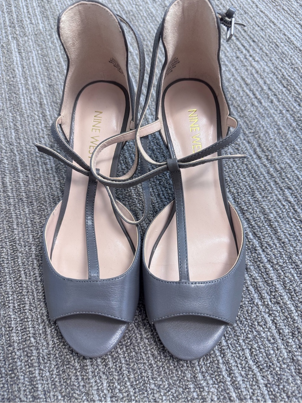 Nine West Gray Leather T-Strap Open-Toe Heels